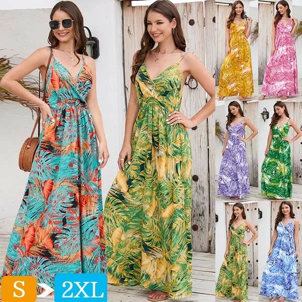 乐天商城 - ハワイ リゾートワンピース マキシ丈 Vネック ノースリーブ 花柄 総柄 背中開き Aライン 体型カバー 夏ワンピ ロングワンピース