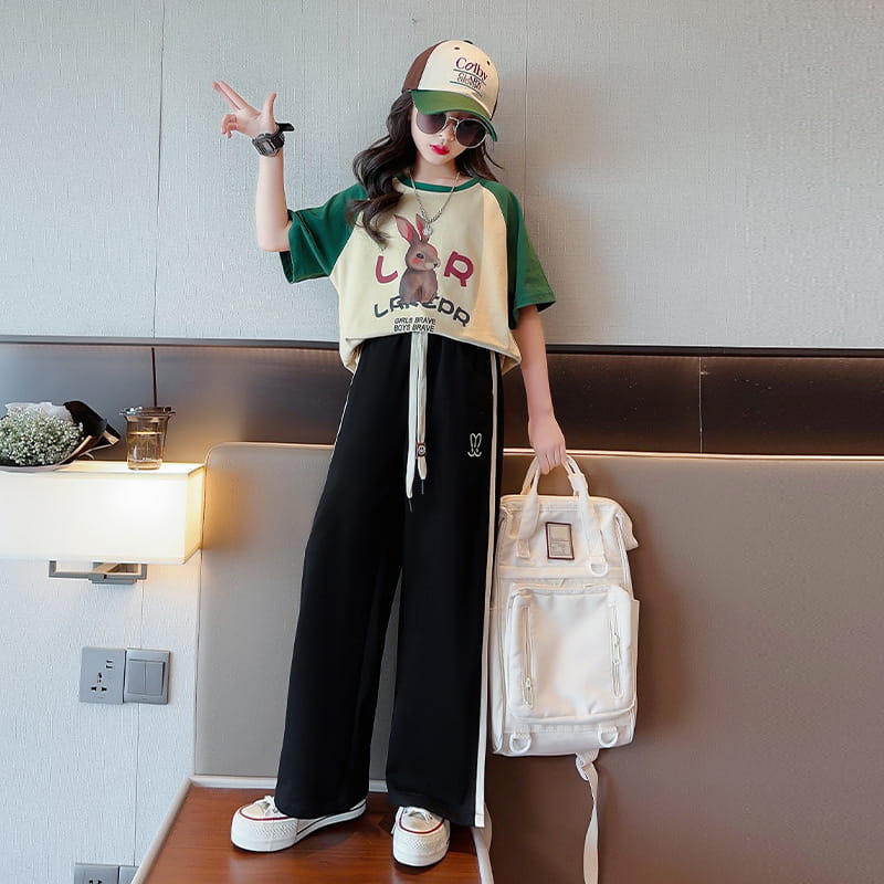 Rakuten - ット ガールズ 夏服 半袖 トップス+ ロングパンツ ジュニア ゆったり セットアップ カジュアル HIPHOP ダンス 衣装　120-170cm