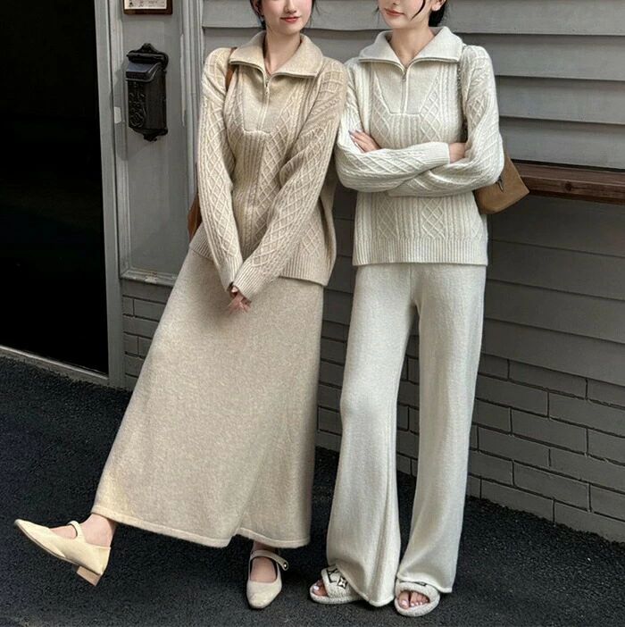 Rakuten - スカート&セーター ウエストゴム 2点セット 秋冬セット ゆったり OL 厚手 暖い フェミニン 大きいサイズ 通勤 メンズ レディース