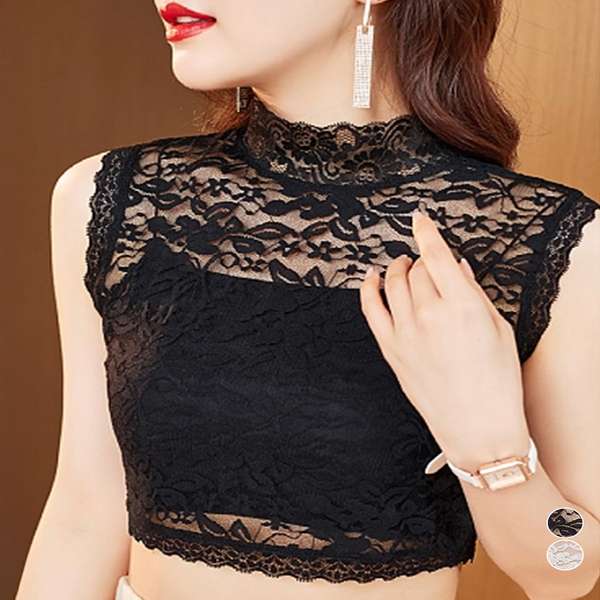 着レースシャツ きれいめ つけ襟フェミニンシャツつけ衿 つけえり白黒 可愛いレースシャツ ハイネック 立ち襟 レイヤード つけ襟