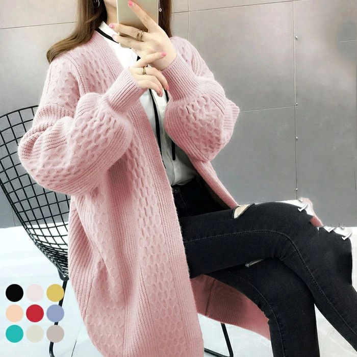 乐天商城 - リブニット ドロップショルダー ロングカーディガン ニットカーディガン ジップなし 長袖 レディース パフスリーブ ボリュームス