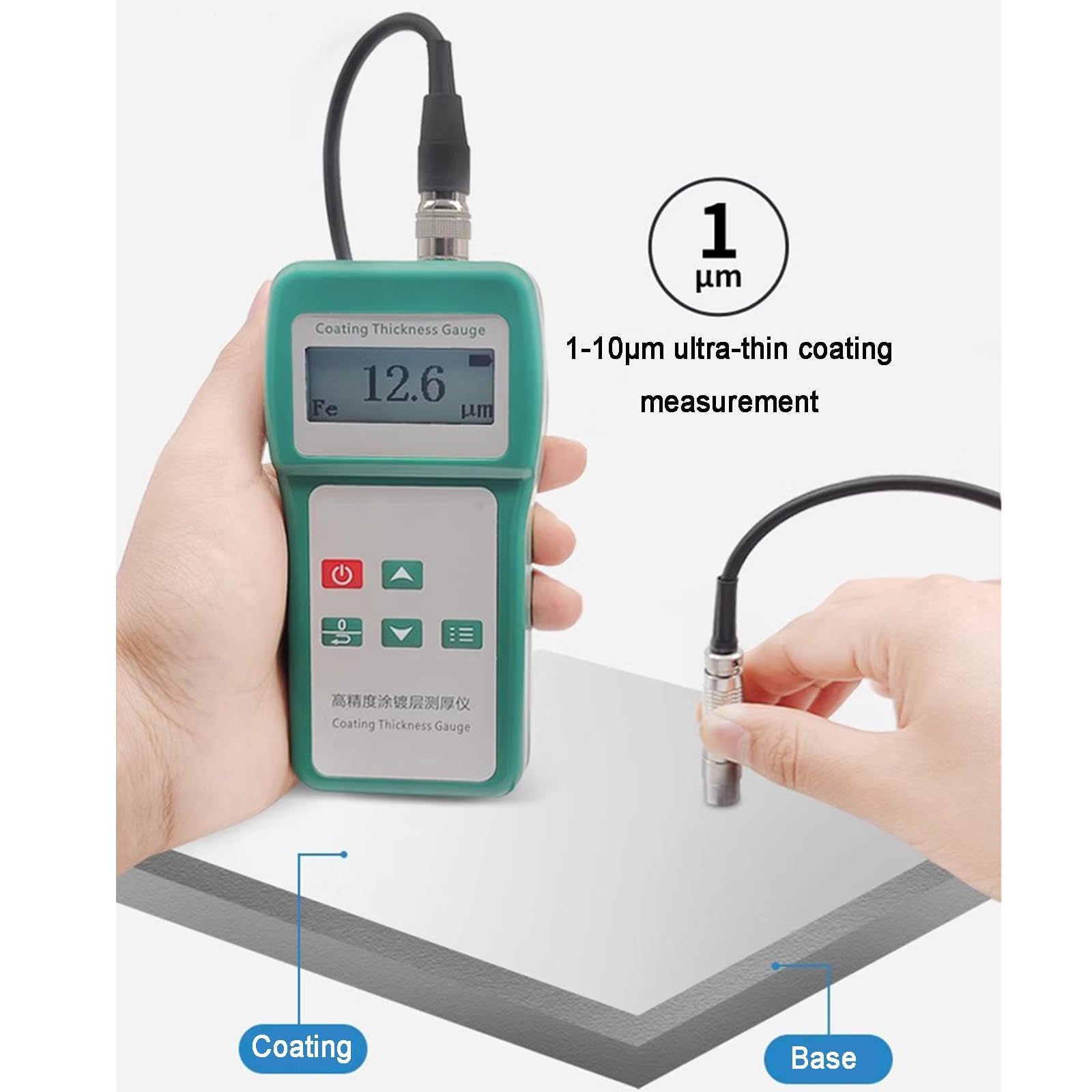 プロフェッショナルコーティング厚さ計、塗膜厚さ測定器、測定範囲0-1500μm、Fe/NFeプローブ付属、LCD表示、単発/連続測定、鋼? 2