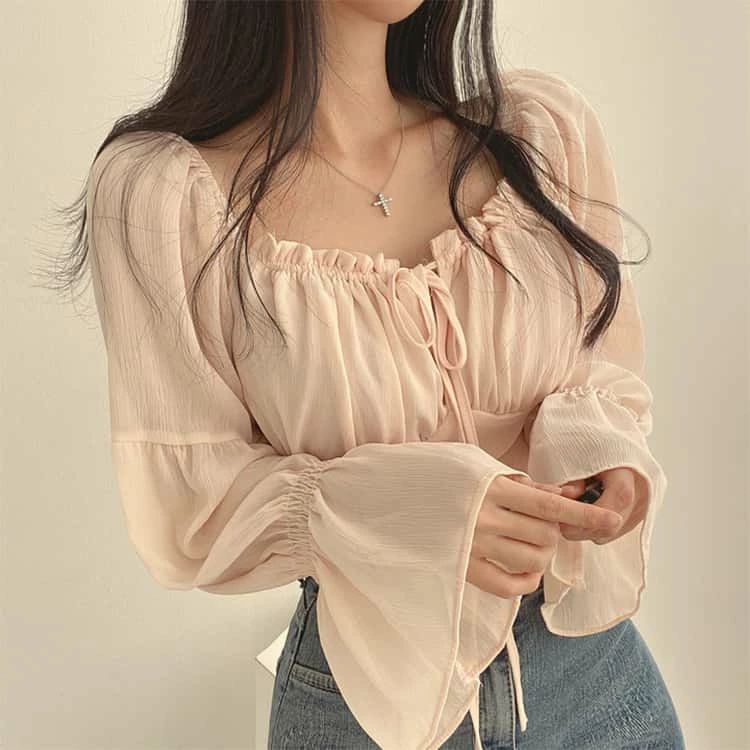 可愛い シャーリング スクエアネック シャツ 長袖 ギャザー 夏 長袖 長袖ブラウス ...