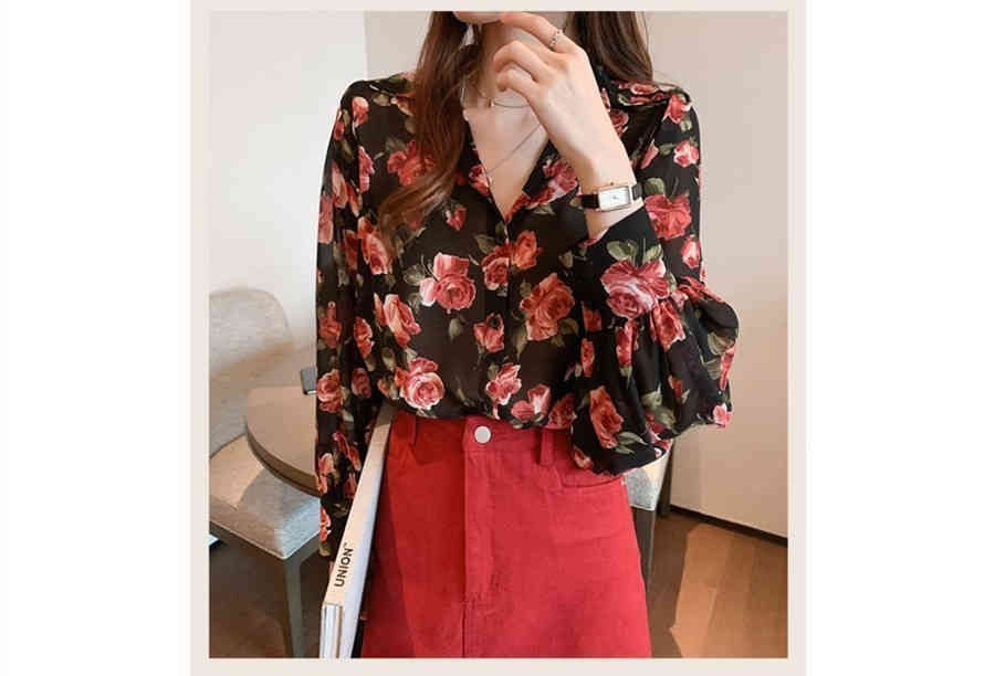 上品 レディース vネックブラウス 40代 春夏 ブラウス 長袖 シャツ シフォントップス ブラウス 花柄 韓国風 トップス 大きいサイ