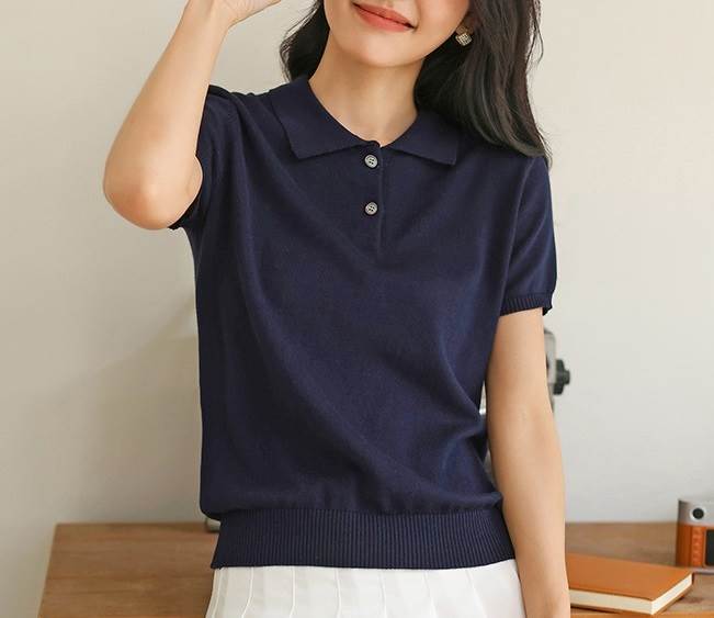 Polo Shirt - ポロ襟 半袖 ニットセーター レディース トップス ニット セーター ミディアム 半袖 襟付き 角襟 ポロカラー ボタン かわいい 大