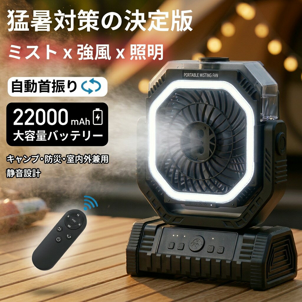 ＼LEDライト付き 22000mAh大容量／ アウトドア ミスト扇風機 冷風機 充電式 自動首振り タイマー 静音 強力送風 USB …