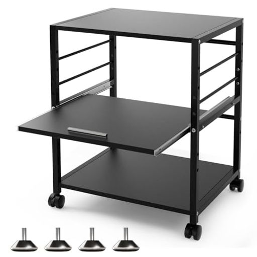 DEWELプリンター台ラックワゴン木製3段キャスター付き中棚スライド式カート机下台サイドワゴン棚板高さ..