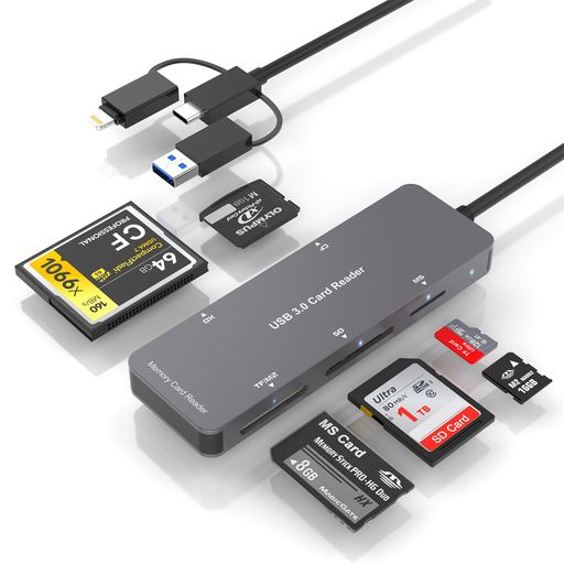 【2024MFi認証品】USB3.0/USB-C/Lightningカードリーダー6in3SD/TF(MicroSD)/MS/XD/M2/CFカードリーダーアダプターOTG対応設定不要双方向高速データ転送同時読み書き