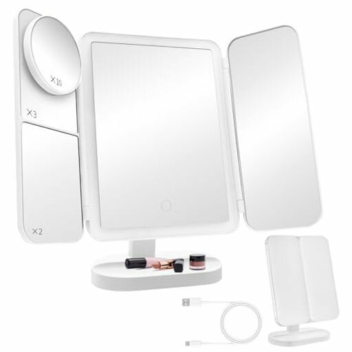 SakuraLovely8女優ミラー3面鏡2倍鏡3倍鏡10倍鏡LEDライト3光色切替明るさ無段階調光ちょっと大きめバッテリー内蔵折りたたみ式卓上ミラーメイクミラーUSBType-C充電持ち運び便利明るい