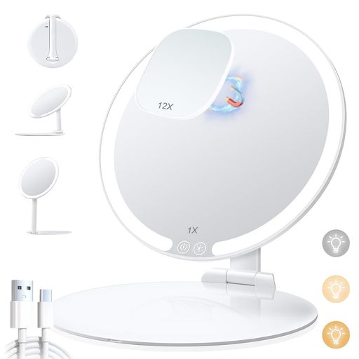 MILEDUOLED化粧鏡女優ミラー卓上ミラー折り畳み式ライト付きミラー12倍拡大ポケットミラー付き3光色無段階調光色再現性CRI95%HDミラー角度は自由に調整どこでも持ち運びUSB充電式円形