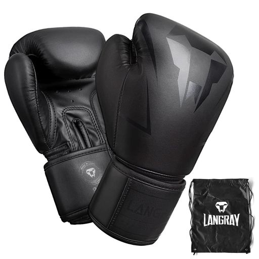 パンチンググローブ ボクシンググローブ LangRay boxing gloves 立体構造 肉厚クッション キックボクシング スパーリング 空手 ムエタイ 格闘技 良質PUレザー ジム用 (10oz, 黒い色)