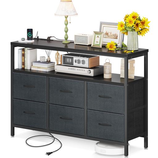 AODKチェストタンス収納ケース布製木製天板付きコンセント付き衣類収納棚リビング収納引き出し6杯付き衣装ケース箪笥転倒防止多機能大容量安定感省スペース簡単組立3段6杯【幅100x奥行3…