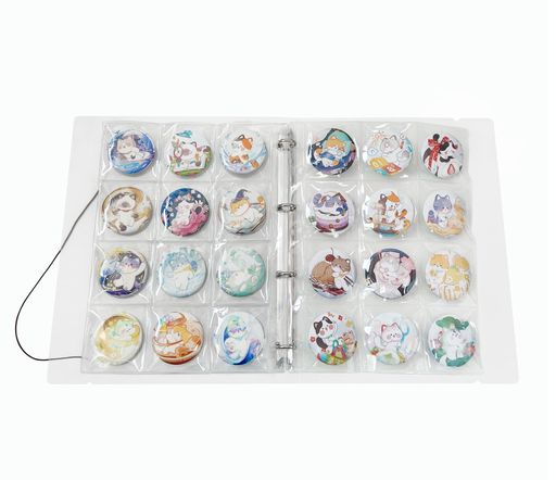 猫仙人缶バッジ収納収納ブックA4半透明58mm大容量耐久性落下防止デザインファイル右開き