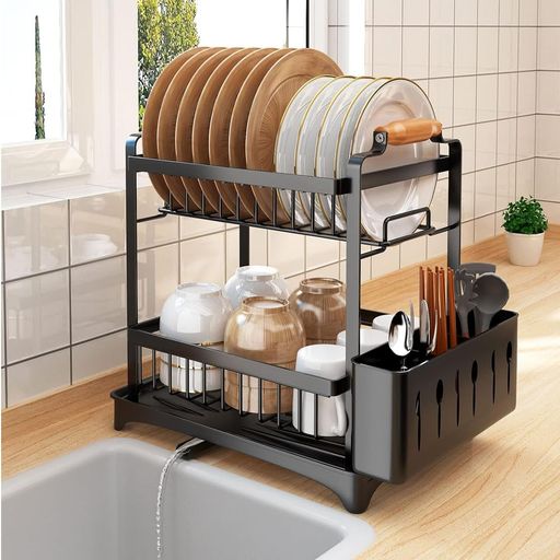 水切りラック2段ステンレス製大容量水切りかご食器乾燥ラック箸立て・皿立て付き錆びない自動排水排水..