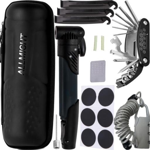 ALLMIGHT(オールマイト)パンク修理キット入門ツールセット【パンク修理マニュアル付属】ロードバイクツールボトルロングジッパーホルダー付PU撥水性上質素材止水ファスナー自転車