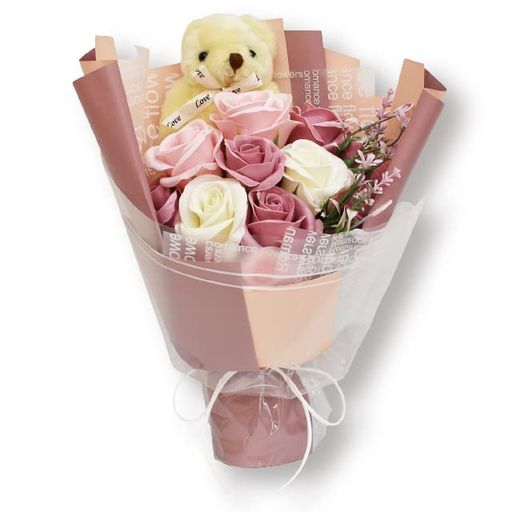 ポピー名古屋ソープフラワーシャボンフラワー造花ギフトプレゼントぬいぐるみ入りブーケバラ花束約30cm..