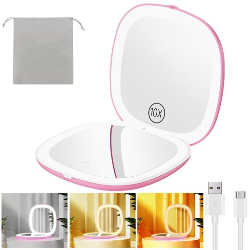 LEDミラー携帯ミラー1X/10X両面鏡両面ライト付き拡大鏡明るさ調整三色調光メモリー機能タッチ(ピンク)