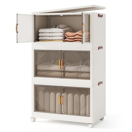 GIANTEX収納ボックス左右開き式積み重ねキャスター付き3段式チェストマグネット式扉大容量押し入れ収納ケース衣装ケースコンテナボックスプラスチックケース透明小物/衣類/おもちゃ/書…