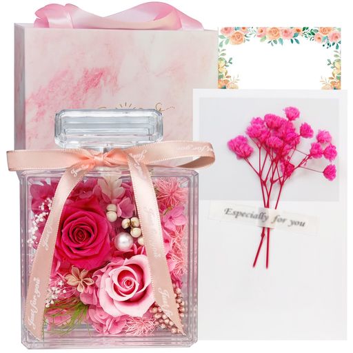 プリザーブドフラワープレゼント女性誕生日ブリザードフラワー退職祝い枯れない花アレンジメント2輪の薔薇香水ボトル調フラワーギフト敬老の日記念日母の日ホワイトデーカード&手提…