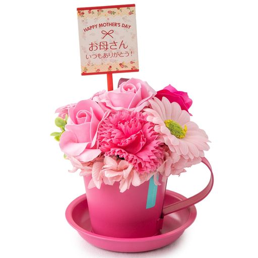 プリザーブドフラワーソープフラワーブリキのカップピンク(ビビッドカラー)日本製フラワー装飾技能士製作クリアボックスにラッピングしてお届けマグカップギフトプレゼント