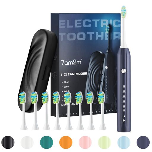 7am2m電動歯ブラシ超音波歯ブラシソニック電動はぶらし振動携帯トラベルケース付きと替えブラシ8本付き5モード電動歯ブラシ磨き2分間オートタイマースマート電動歯磨きUSB充電ローマン…