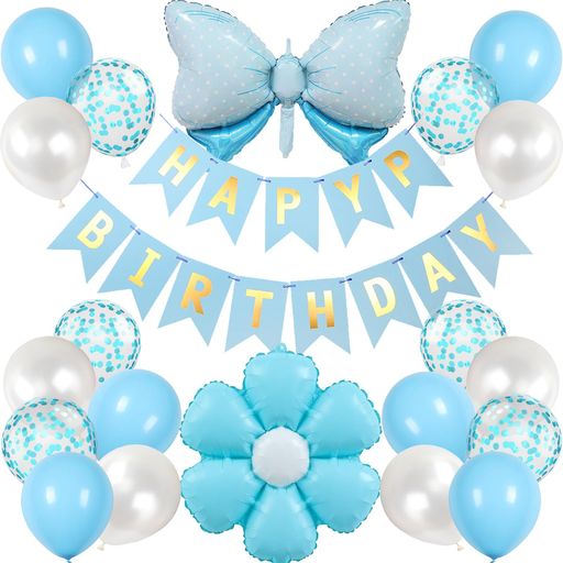 Lausatekバルーン誕生日風船セット飾り付けHAPPYBIRTHDAYガーランド蝶結びフラワー飾りバースデーサプライズ記念日お祝い可愛い青