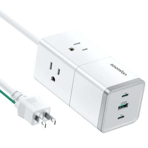PD急速充電器65W-SOOMFON6-IN-1AC1250W電源タップUSBTYPEC付きGANIII窒化ガリウムタイプC充電器AC差込口3個口USB-C2ポーUSB-A1ポート1.5Mコード付き