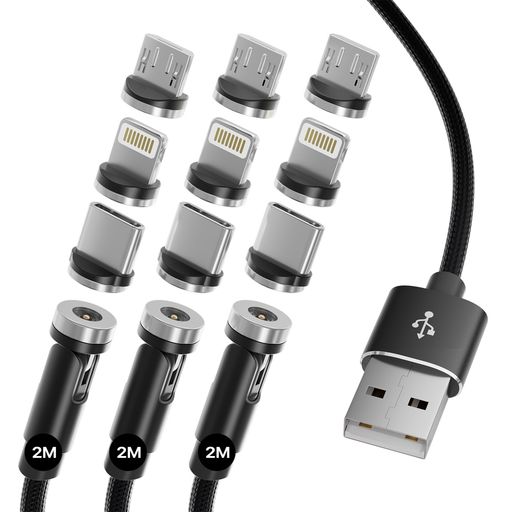 マグネット充電ケーブル(2M,3本)3in1 磁気USBケーブル 9個端子 360°+180°回転 LED付き ブラック