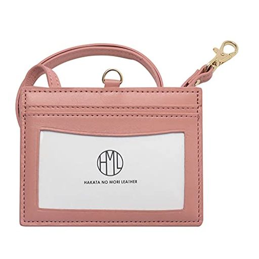 HAKATANOMORILEATHER本革両面クリアIDカードホルダー透明首掛け2枚収納横ストラップ付きケース社員証定..