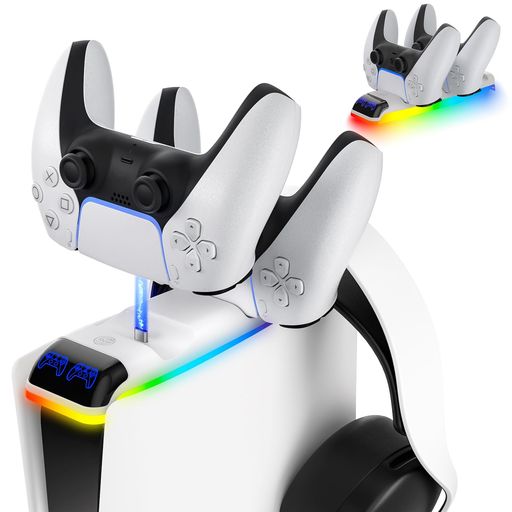 【新型PS5対応】PS5コントローラー充電スタンド2.5時間急速充電2台同時に11種類RGBライトモ一ドPS5Slim本体上部に設置ヘッドホン収納省スペース取付簡単TPYE-C充電ケーブル付き