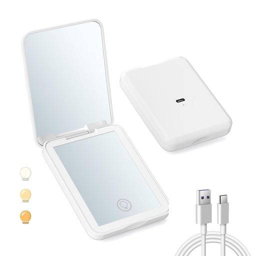 FLORPERRY女優ミラーHD両面化粧鏡卓上ミラーledミラーメイクライト付きミラー拡大鏡軽量化粧ミラー3カラーライト明るさ調メモリー機能USB充電ポータブル折りたたみミラー折立鏡手持ちミラ…