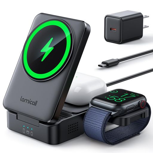 Lamicall【Magsafe対応15W急速】3in1ワイヤレス充電器折り畳み:コンパクト卓上マグセーフスマホ同時充電スタンドドックマグネット縦横置き携帯持ち運び机出張旅行すまほアイホンイヤホン