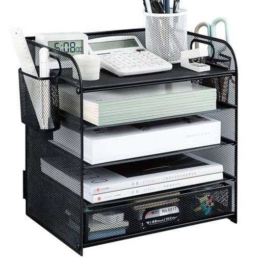 JINS&VICO卓上収納ラック引き出し付きファイルボックス5段ペン立て付きレタートレー書類棚金属製メッシ..