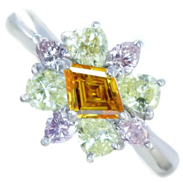 PT900 オレンジダイヤモンド リング 0.528ct ピンクダイヤモンド/グリーンイエローダイヤモンド 1.33ct パンプキンダイヤモンド