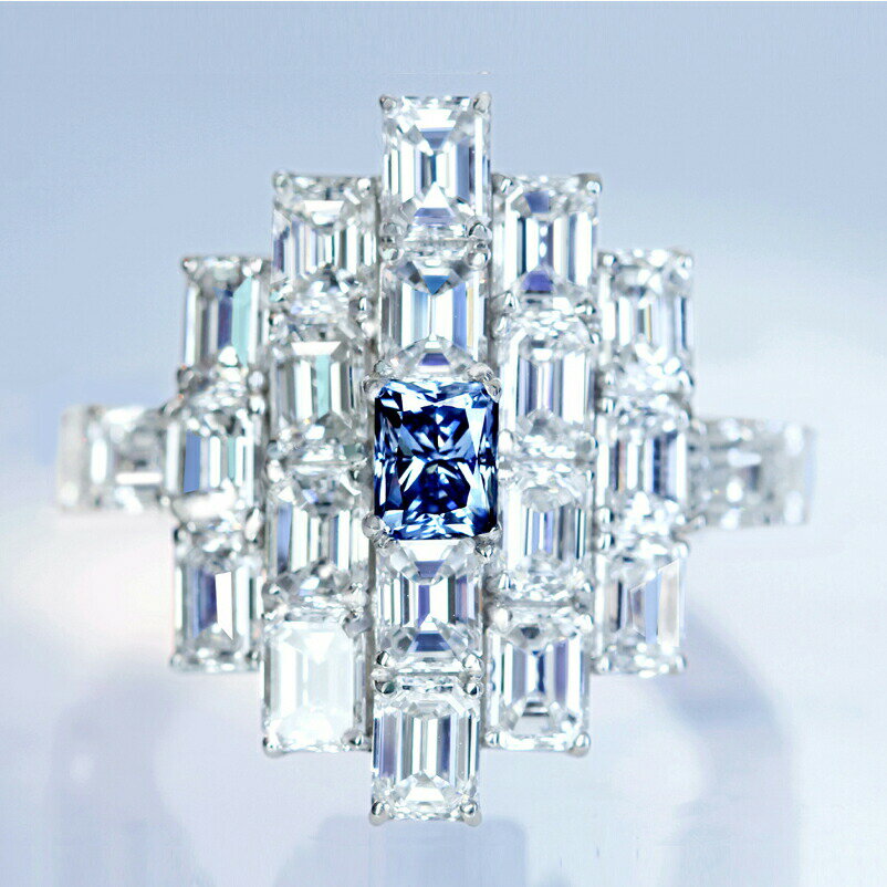 【BDL HANDMADE】PT950 ブルーダイヤモンド 0.303ct FANCY DEEP BLUE SI2 TYPE2B ダイヤモンド D/E VS1UP エメラルドカット リング