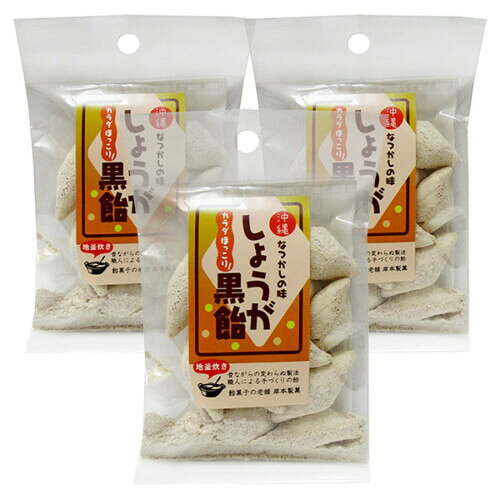 商品情報原材料名砂糖(国内生産)、水飴、黒糖(沖縄産)、しょうが粉末、はったい粉(裸麦、大麦)(小麦を含む)賞味期限商品裏に記載保存方法直射日光、高温多湿を避けて保存して下さい。開封後はお早めにお召し上がり下さい。しょうが黒飴（30g×3袋セット） 昔ながらの製法で作ったしょうが黒飴は、黒糖のほのかな甘さと、しょうがの香りと味わいを楽しめます。地釜炊きで沖縄の職人が作った昔懐かし味のしょうが黒飴をおみやげにどうぞ！ 5