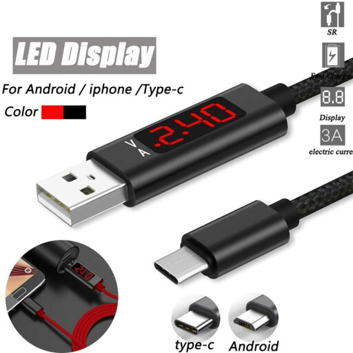 充電 ケーブル 電圧 電流 LED ディスプレイ ナイロン製 1m iPhone Type-C Micro USB 急速 充電 送料無料 充電 ケーブル 電圧 電流 LED ディスプレイ ナイロン製 1m iPhone Type-C Micro USB 急速 充電 送料無料
