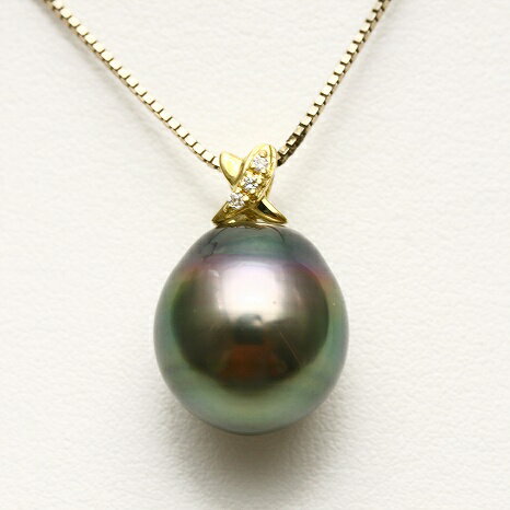 タヒチ黒蝶真珠パールペンダントトップ　13mmUP　ピンクグリーンカラー　K18製/D0.02ct