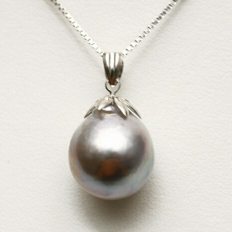 タヒチ黒蝶真珠パールペンダントトップ　13mm　グレーカラー　K14WG製