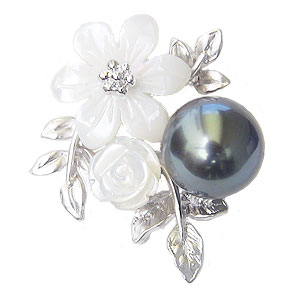 【ポイント10倍】パール ブローチ 真珠ブローチ フォーマル 真珠 ラペルピン ピンズ タヒチ黒蝶真珠 8mm グリーン系 白蝶貝 花 フラワーモチーフ 送料無...