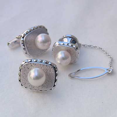 【10%OFF 12/3 20時より】メンズ 2点セット アコヤ本真珠 タイタック カフスセット パール k14 14金 14k ホワイトゴールド 人気 おすす...