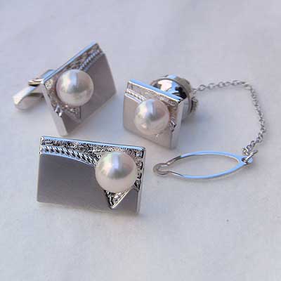 【10%OFF 12/3 20時より】メンズ 2点セット アコヤ本真珠 タイタック カフスセット パール k14 ホワイトゴールド おすすめ カジュアル トレン...