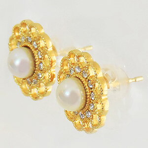 普段使い アンティーク調 パールピアス 真珠 4mm ピアス K18 18金 18k イエローゴールド ダイヤモンド シリコンダブルロックキャッチ付き ギフト 人気 誕生日 送料無料 品質保証書付