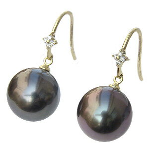 【10%OFF 12/3 20時より】パール ピアス 18金 18k 18k 真珠 タヒチ黒蝶真珠 ブラック 直径11mm ダイヤモンド 8石 合計0.06ct...