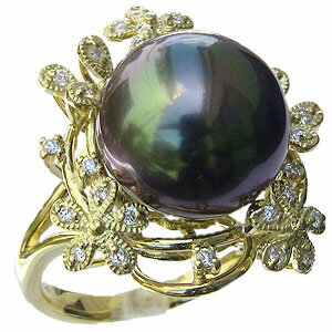 【ポイント10倍】パール リング レディース 真珠 指輪 タヒチ黒蝶真珠 ピーコック系 13mm 18金 k18 ゴールド ブラックパール 普段使い カジュアル...