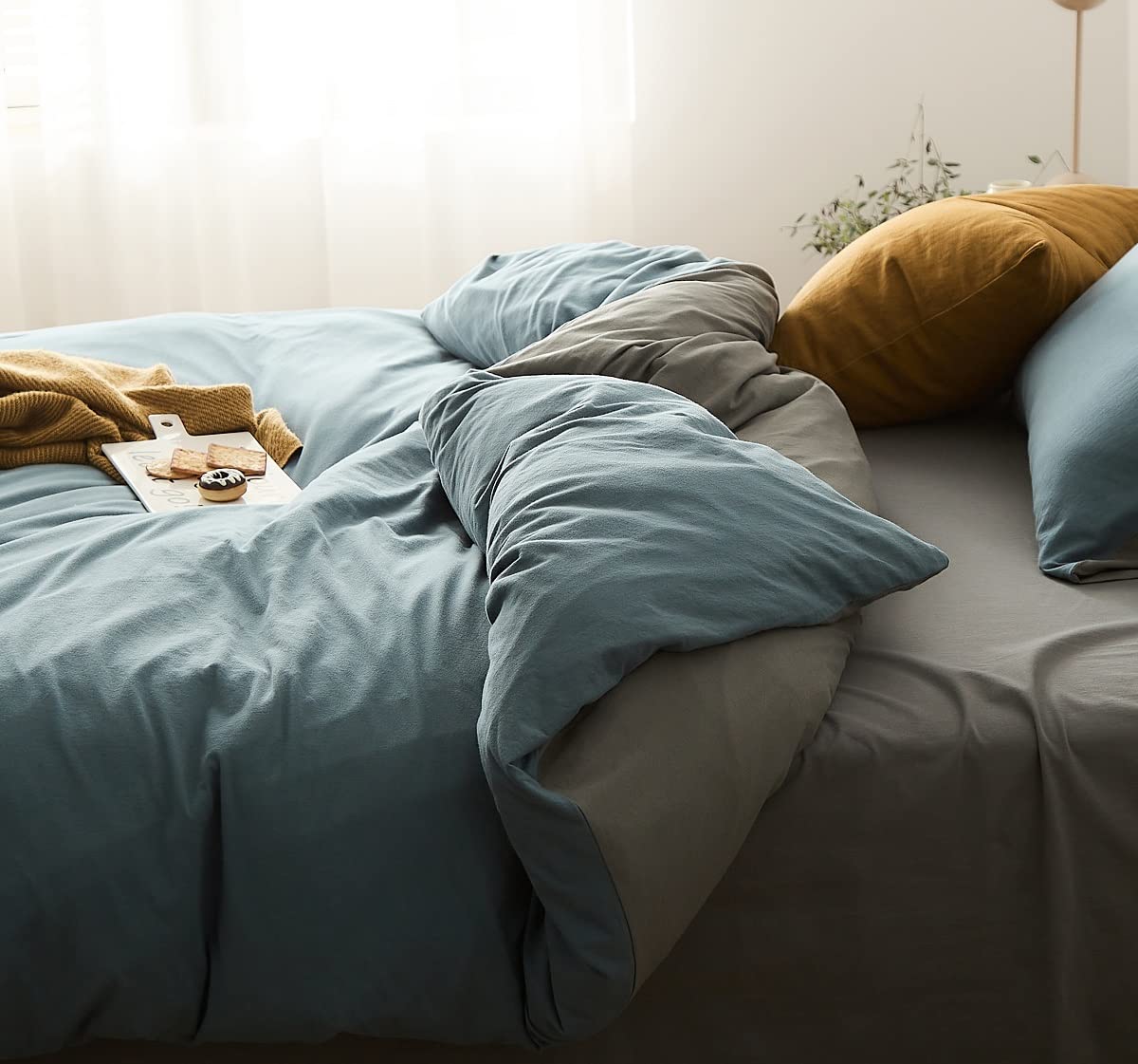 YOYOSTAR 掛ふとんカバー ワイドクイーン超ロング 220x230cm 綿100% 天竺ニット Tシャツ生地 やわらかな肌ざわり リバーシブル コットン 掛けカバー 単品 フィット感 ミスティ・ブルーxグレー 無地
