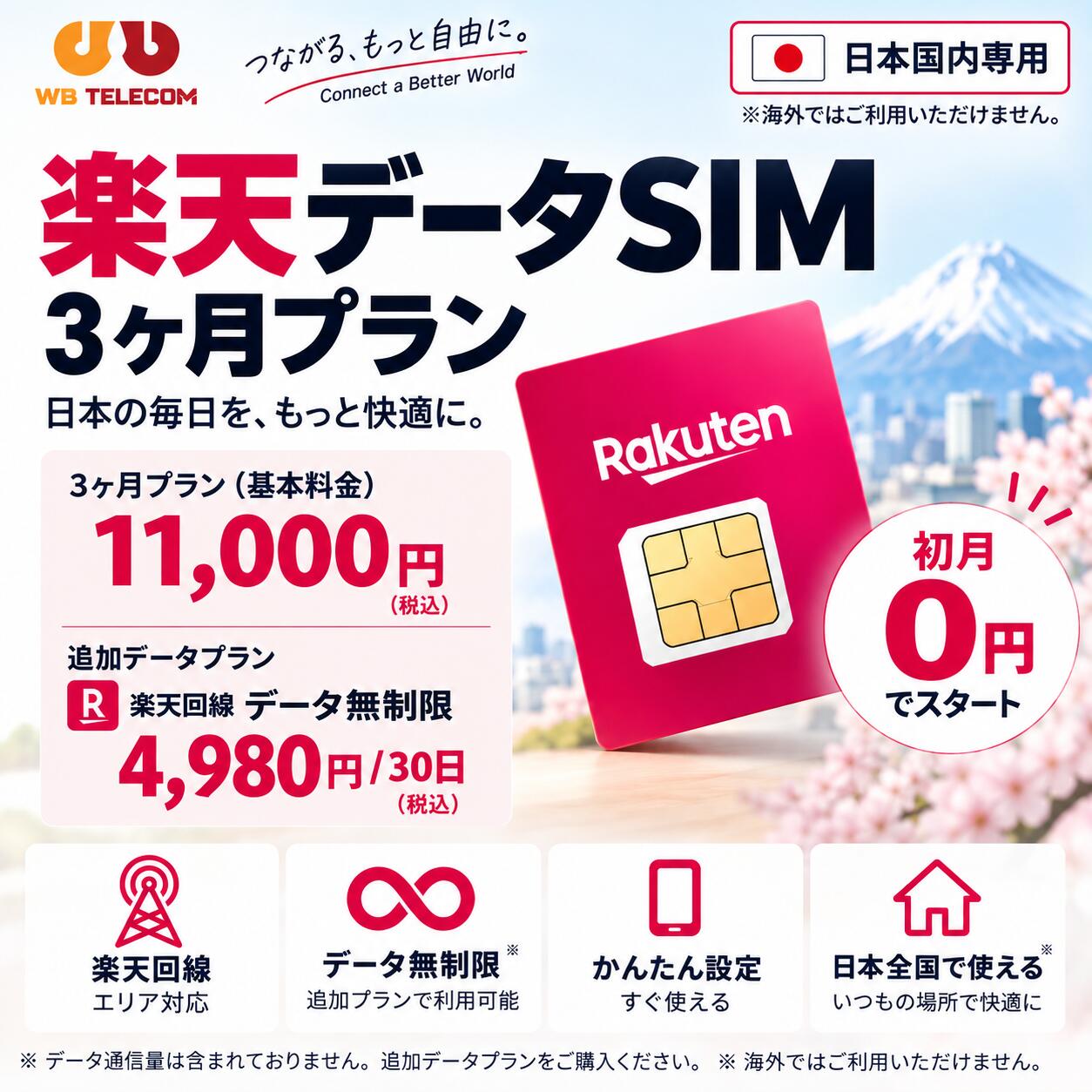 楽天データSIM 初月無料ではじめる 3ヶ月プラン 3ヶ月プラン 11,000円（税込） 初月基本料金 0円！ 最大3ヶ月ご利用いただけます。 日本国内専用のデータSIMです。 ■ SIMカードのみ購入 すでに対応端末をお持ちの方におすすめ。 楽天データSIM 3ヶ月プラン 11,000円（税込） ・初月基本料金 0円 ・最大3ヶ月利用可能 ・日本国内専用 ・データ通信量は別途購入 ■ 追加データプラン 楽天回線 データ無制限 4,980円（税込）/ 30日 必要な時に、必要な分だけ追加購入できます。 ■ WB端末＋SIMカードセット Wi-Fi端末をお持ちでない方には、 WB端末とのセット購入がおすすめです。 WB端末 6,000円（税込） ＋ 楽天データSIM 3ヶ月プラン 11,000円（税込） セット合計 17,000円（税込） ★ WB端末購入特典 ★ 毎月20GBデータプレゼント！ WB端末をご購入いただいた方には、 毎月20GBのデータ容量をプレゼント。 20GB以上必要な場合は、 楽天回線データ無制限 4,980円（税込）/ 30日 を追加購入いただけます。 ■ WB端末の特徴 ・4G/LTE対応 ・複数端末接続可能 ・10,000mAh大容量バッテリー ・コンパクトで持ち運びに便利 ・スマートフォン / PC / タブレット対応 ■ こんな方におすすめ ・日本国内の旅行に ・出張やビジネスに ・留学、長期滞在に ・一時帰国に ・外出先でのインターネット利用に 【ご購入前に必ずご確認ください】 ※本商品は日本国内専用です。海外ではご利用いただけません。 ※SIMカード3ヶ月プランにはデータ通信量は含まれておりません。 ※データ通信をご利用の場合は、別途データプランをご購入ください。 ※WB端末はSIMカードとは別の商品です。セット購入の場合、端末代金6,000円（税込）が加算されます。 ※WB端末購入特典として毎月20GBのデータ容量を付与します。 ※20GBを超えてご利用の場合は、追加データプランをご購入ください。 ※通信速度・通信品質は、ご利用場所や電波状況、混雑状況等により異なる場合があります。 WB TELECOM つながる、もっと自由に。楽天データSIM 初月無料ではじめる 3ヶ月プラン 3ヶ月プラン 11,000円（税込） 初月基本料金 0円！ 最大3ヶ月ご利用いただけます。 日本国内専用のデータSIMです。 ■ SIMカードのみ購入 すでに対応端末をお持ちの方におすすめ。 楽天データSIM 3ヶ月プラン 11,000円（税込） ・初月基本料金 0円 ・最大3ヶ月利用可能 ・日本国内専用 ・データ通信量は別途購入 ■ 追加データプラン 楽天回線 データ無制限 4,980円（税込）/ 30日 必要な時に、必要な分だけ追加購入できます。 ■ WB端末＋SIMカードセット Wi-Fi端末をお持ちでない方には、 WB端末とのセット購入がおすすめです。 WB端末 6,000円（税込） ＋ 楽天データSIM 3ヶ月プラン 11,000円（税込） セット合計 17,000円（税込） ★ WB端末購入特典 ★ 毎月20GBデータプレゼント！ WB端末をご購入いただいた方には、 毎月20GBのデータ容量をプレゼント。 20GB以上必要な場合は、 楽天回線データ無制限 4,980円（税込）/ 30日 を追加購入いただけます。 ■ WB端末の特徴 ・4G/LTE対応 ・複数端末接続可能 ・10,000mAh大容量バッテリー ・コンパクトで持ち運びに便利 ・スマートフォン / PC / タブレット対応 ■ こんな方におすすめ ・日本国内の旅行に ・出張やビジネスに ・留学、長期滞在に ・一時帰国に ・外出先でのインターネット利用に 【ご購入前に必ずご確認ください】 ※本商品は日本国内専用です。海外ではご利用いただけません。 ※SIMカード3ヶ月プランにはデータ通信量は含まれておりません。 ※データ通信をご利用の場合は、別途データプランをご購入ください。 ※WB端末はSIMカードとは別の商品です。セット購入の場合、端末代金6,000円（税込）が加算されます。 ※WB端末購入特典として毎月20GBのデータ容量を付与します。 ※20GBを超えてご利用の場合は、追加データプランをご購入ください。 ※通信速度・通信品質は、ご利用場所や電波状況、混雑状況等により異なる場合があります。 WB TELECOM つながる、もっと自由に。