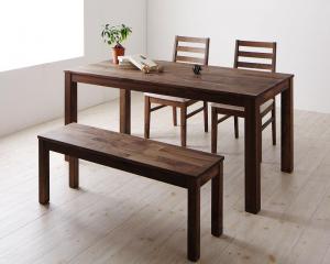 ダイニングセット（テーブル&ベンチ チェア） 総無垢材ワイドダイニング 4人 4点セット(テーブル+チェア2脚+ベンチ1脚) ウォールナット PVC座 W160