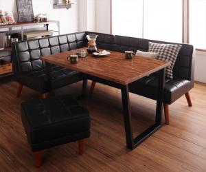 ダイニングセット（テーブル&ソファ スツール） 古木風 ヴィンテージ カフェスタイル リビングダイニング 4人 4点セット(テーブル+ソファ1脚+アームソファ1脚+スツール1脚) 左アーム W120