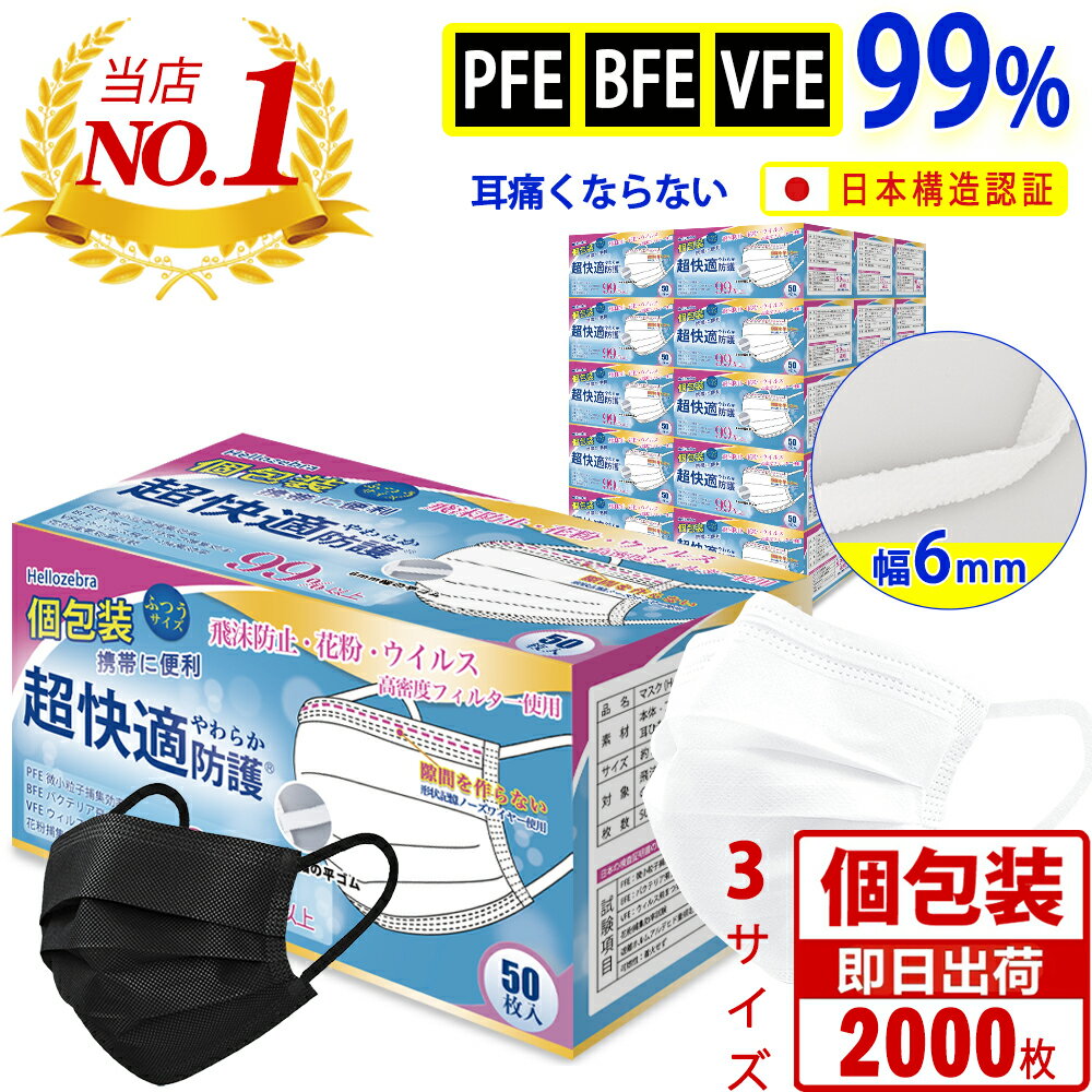 【大量限定価格】個包装 マスク 不織布マスク 耳が痛くならない 2000枚 50枚 40箱 使い捨てマスク プリーツ 白 大人用 175mm 冬マスク 三層構造 防護 マスク 飛沫防止 PM2.5花粉対策 ウイルス…